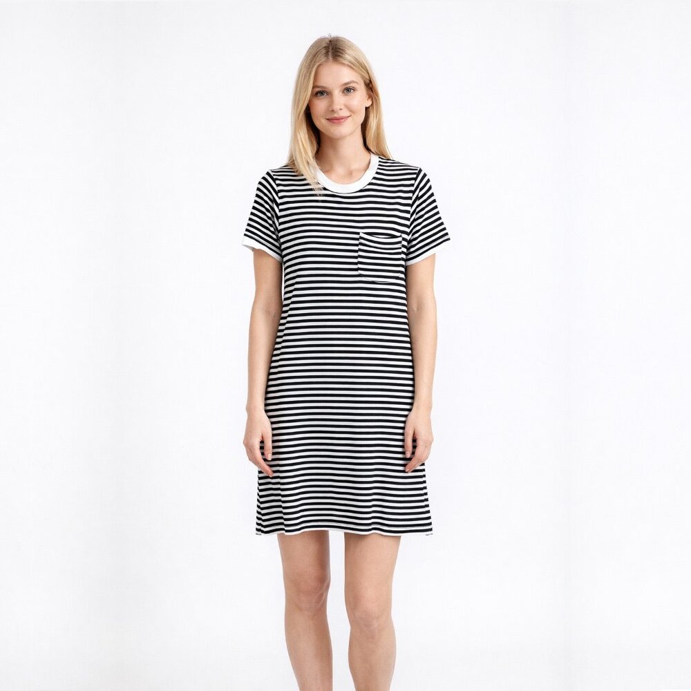 2/$30 Brass & Roe Striped T-Shirt Dress Short Sleeve Black White Small #A1202